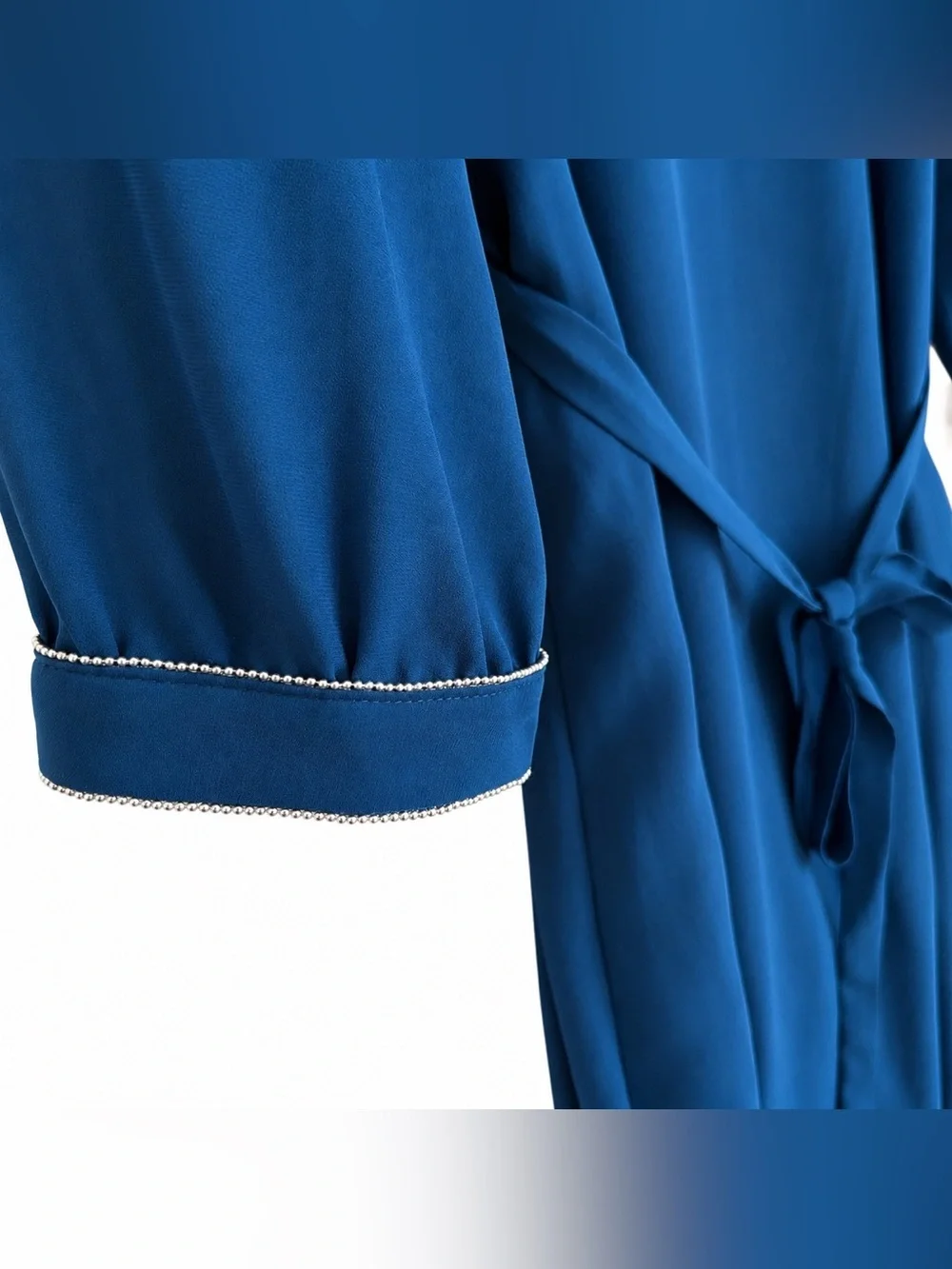 H&M Teal/Blue Dress, Self-Tie Waist, Beaded Neckline/Cuffs, Size 4 - Picture 5 of 8